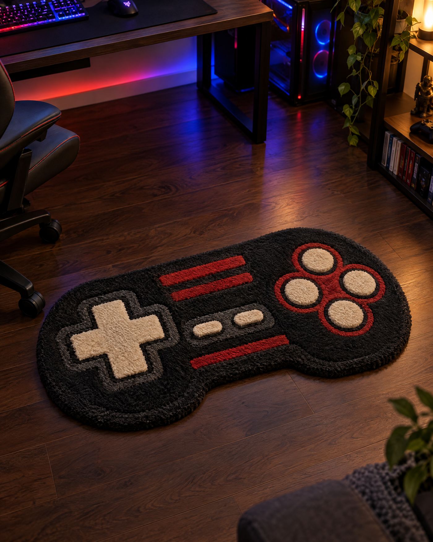 Tapete en forma de control de videojuego frente a un escritorio gamer