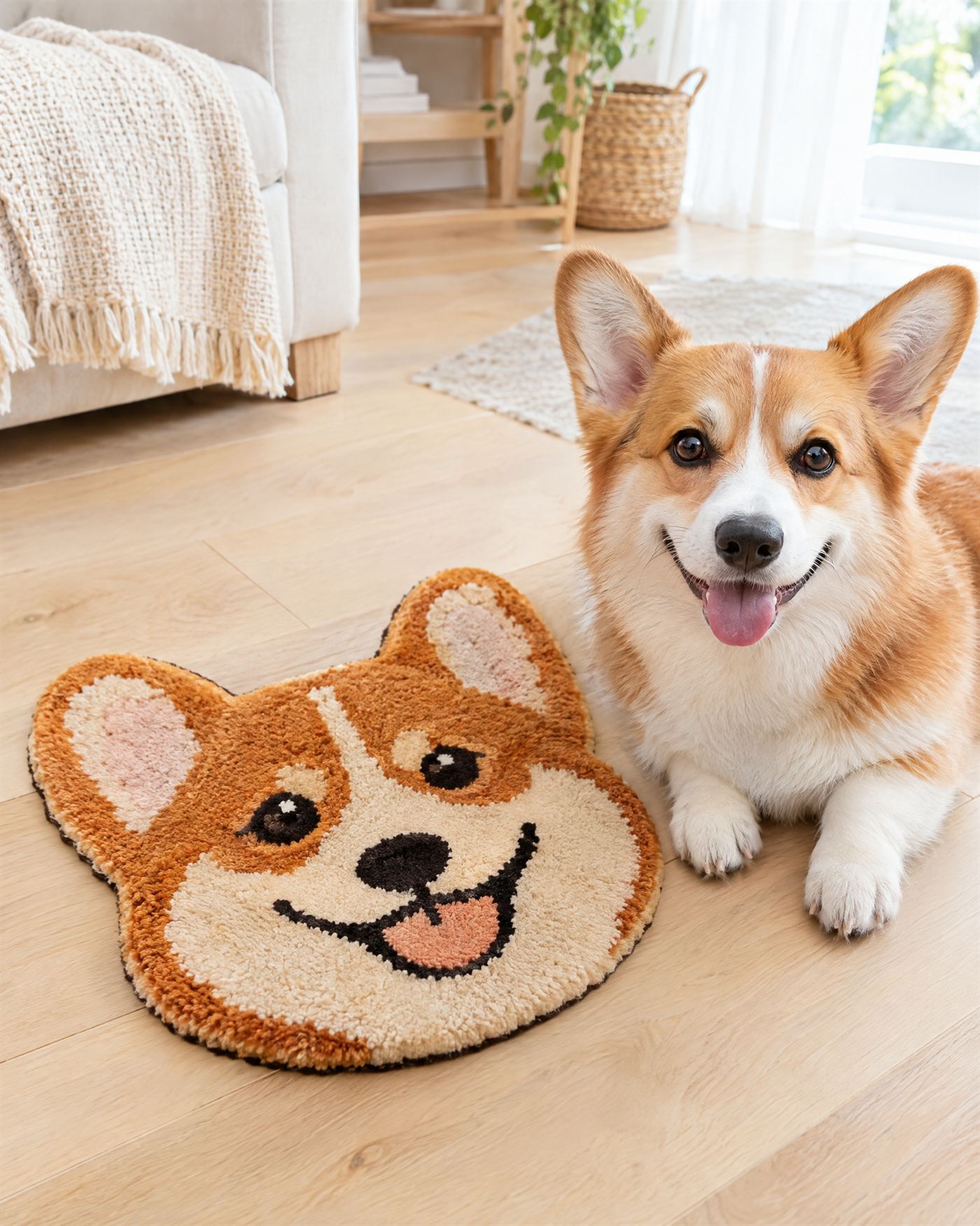 Tapete con la cara de un corgi junto al perro real